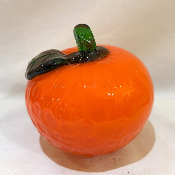 Hand Blown Art Glass Fruit Orange Stem Leaf Fall Decor - Picture 1 of 6